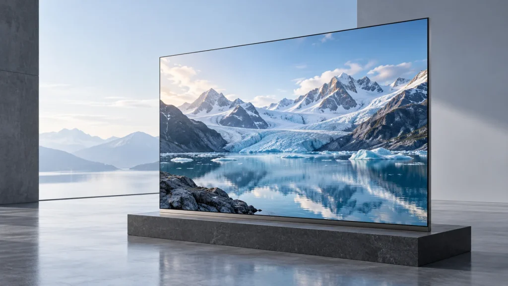 Concept illustration of an unbranded large-format display showing a mountain landscape.