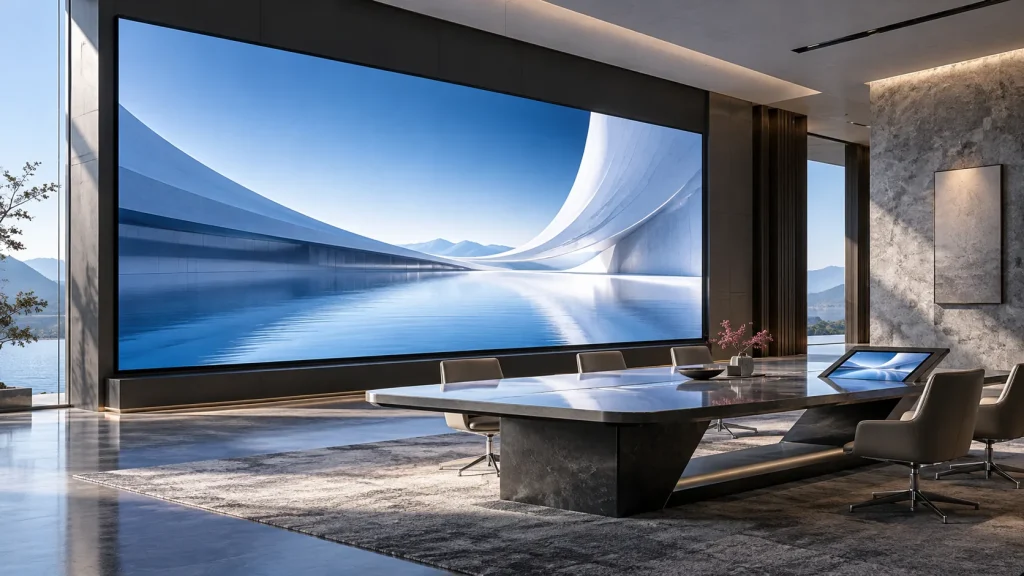 Concept illustration of an integrated video wall and interactive display in a commercial interior.