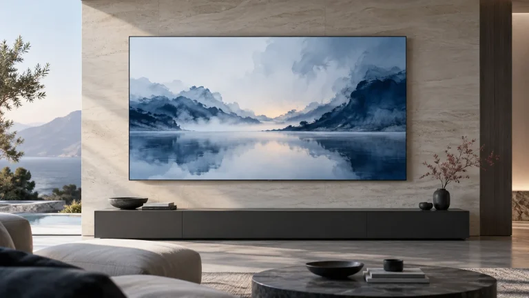 Concept illustration of a slim wallpaper-style television in a minimal living room.